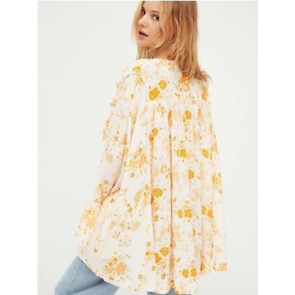 Free People Loretta Tunic Top Tea Combo Cream Yellow Floral Print Ruffle Boho - Picture 3 of 16